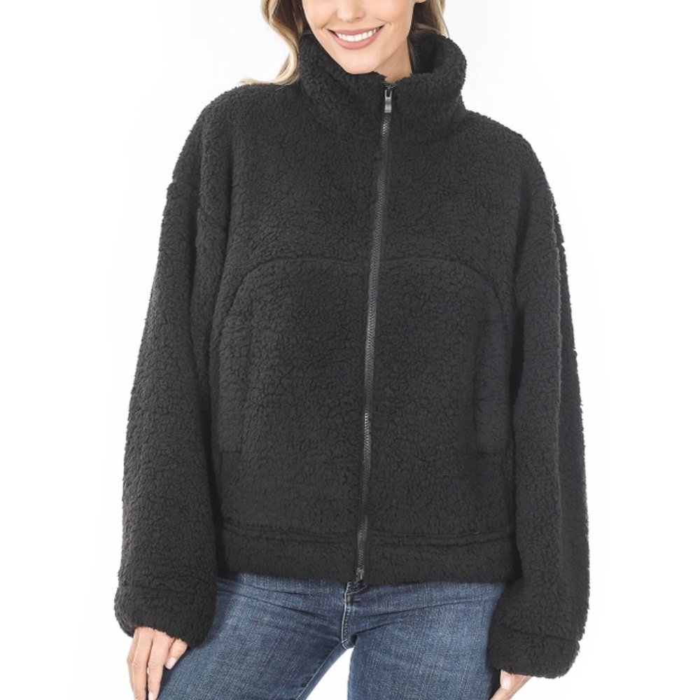 BLACK Drawstring hem crop sherpa jacket